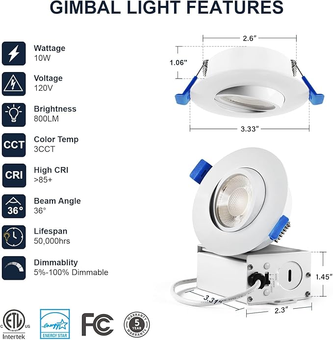 Sublimation 8 Packs 3 Inch led recessed Light,Waterproof recessed Lights for Shower，Ultra-Thin 10w with Junction Box,3 Colors Adjustable,Suitable for Bathroom,Parlor,Bedroom,Kitchen,Balcony