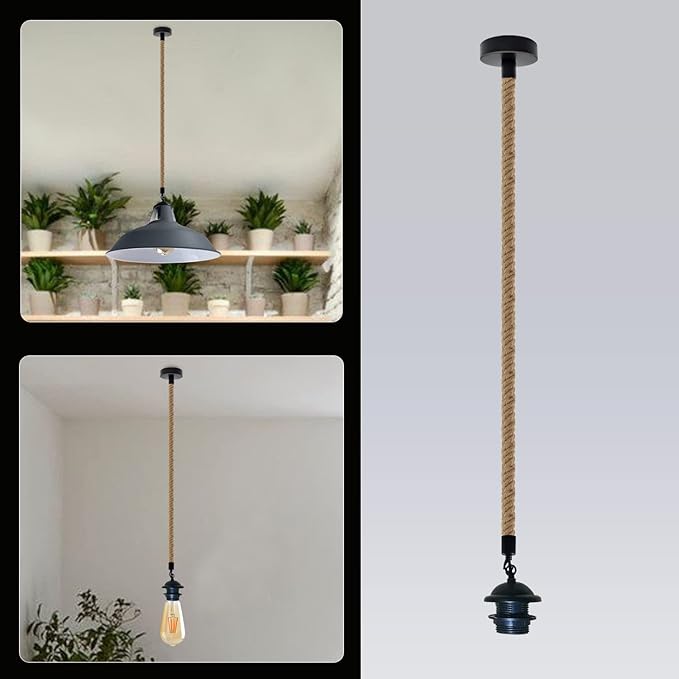 LEDSone Farmhouse Vintage Hemp Rope Pendant Light Hemp Rope Adjustable Ceiling Hanging Pendant Light E26 Base Industrial Hemp Rope Retro Pendant Lighting Fixture for Dining Room Kitchen (Pack of 3)