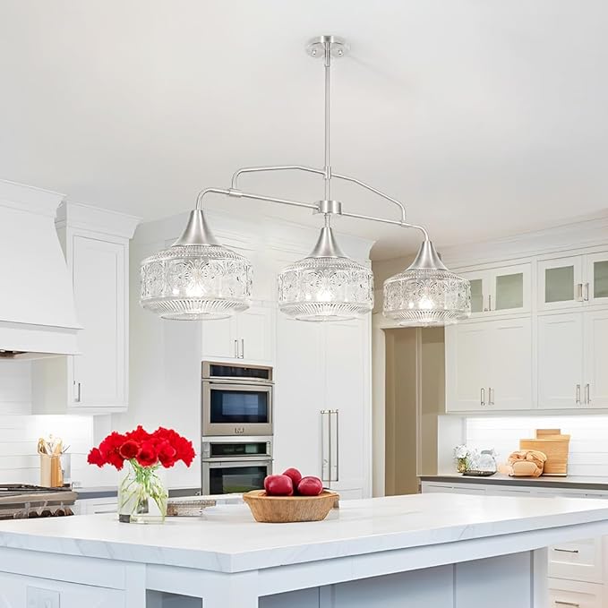 3-Light Island Light for Kitchen, Adjustable Farmhouse Kitchen Island Lighting with Clear Glass, Brushed Nickel Dining Room Light Fixture Over Table, Linear Chandelier Pendant Lighting over Sink