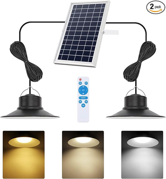NIORSUN Solar Indoor Lights Outdoor, LED Solar Pendant Lights 3 Color Dimmable Lighting with Remote Control, Gazebo Lights,2x16.4ft Cable IP65 Waterproof for Garden, Patio, Garage, Camp(2 Pack)