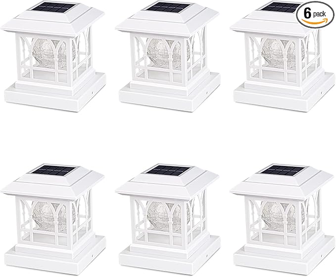 Solar Post Cap Lights, Warm White & RGB Automatic Cycling, Cracked Glass Bulb, 20 Lumens lP65 Waterproof Fit 3.6x3.6 4x4 4.5x4.5 5x5 Wood Fence Post Solar Powered Lights White (6 Pack)