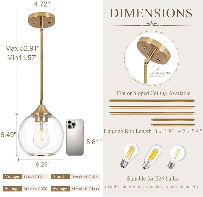 Pendant Lights Kitchen Island,Farmhouse Gold Pendant Light with Clear Glass Globe Shade,6.29" Glass Pendant Light for Brushed Bronze Finish Farmhouse Entryway Dining Room Kitchen Island 2PCS