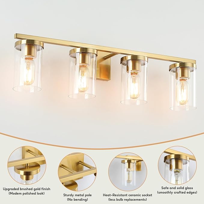 27in Bathroom Light Fixture Over Mirror, 4-Light Gold Vanity Lights with Clear Glass Shades, Modern Wall Sconces for Living Room, Bedroom, Hallway, E26 Base