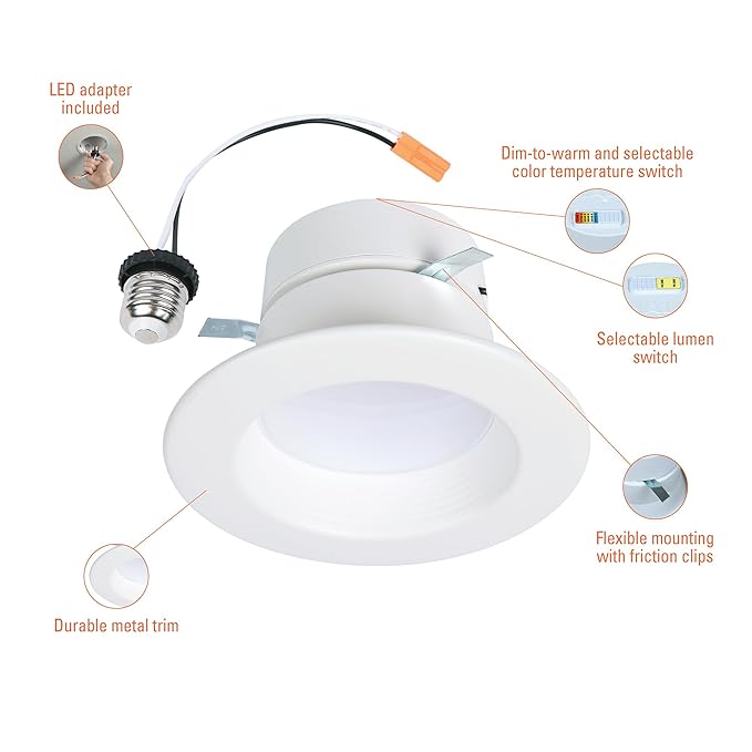 HALO RL 4 inch LED Recessed Light Retrofit Selectable CCT 2700K 3000K 3500K 4000K 5000K Dimmable Dim to Warm 600/900 Lumens Wet Location Indoor Outdoor Ceiling Downlight RL4LS9FSD2W1EWH
