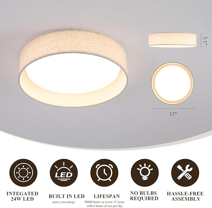 Modern Linen LED 13 Inch Ceiling Light Fixture with 24W 5CCT, Flush Mount Low Profile Room Lamp, Dimmable Minimalist Lighting for Bedroom, Kitchen, Hallway, Closet, Entryway