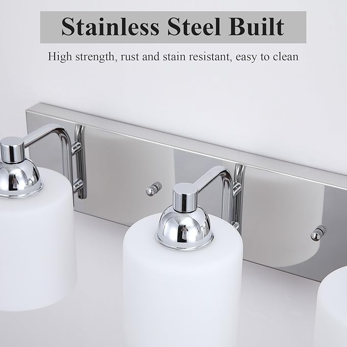 Mecgirn Stainless Steel Milk Glass Vanity Lights for Bathroom, 3 Light Polished Chrome Bathroom Light Fixtures Over Mirror, Ceramic E26 Sockets Wall Mounted