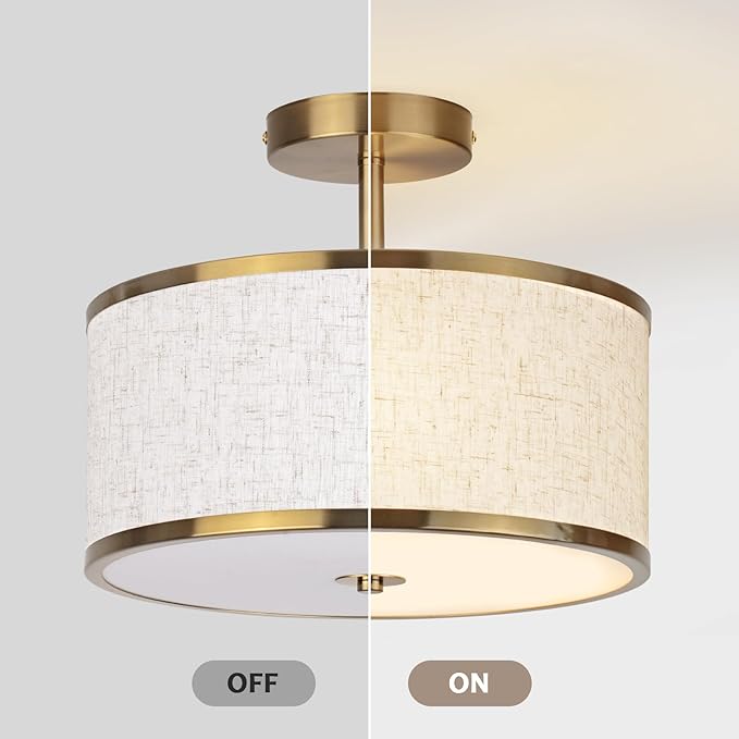 12.6 Inch Semi Flush Mount Ceiling Light, 3-Light Drum Lamp with Gold Brass Finish and Beige Shade, Ideal for Bedroom, Kitchen, Dining Room, Hallway, Entryway, and Foyer,