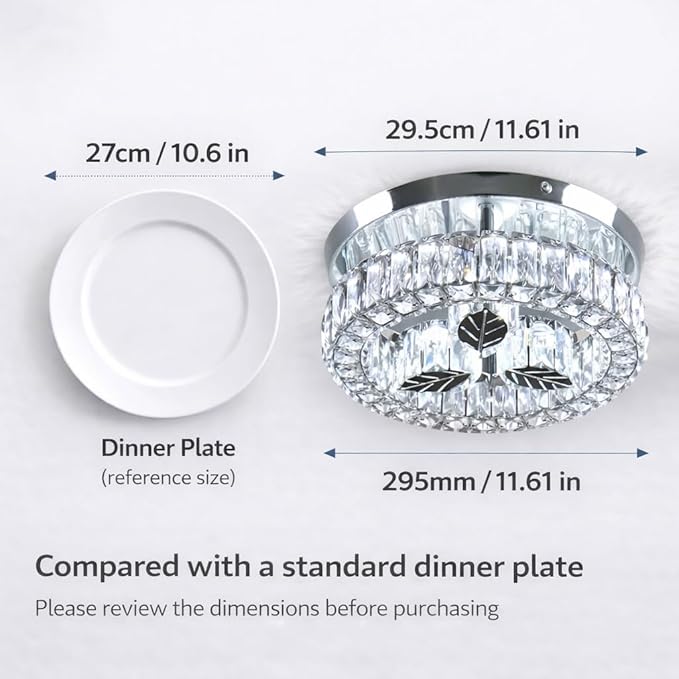 Finktonglan Crystal Flush Mount LED Ceiling Light, 11.6" Round Modern Flush Mount Ceiling Light, 30W 6500K Cool White, K9 Crystal & Stainless Steel, Non-Dimmable