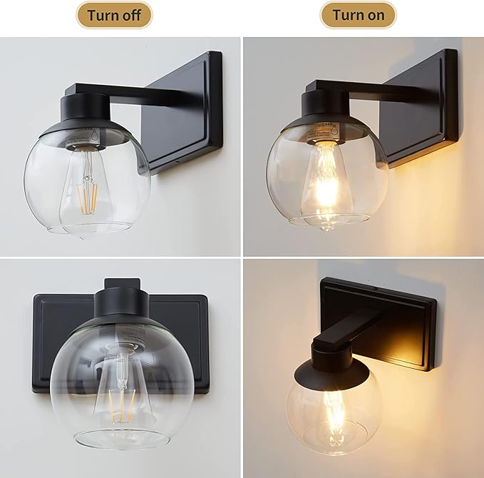 Bathroom Sconces Set of 2, Black Wall Sconces Set of Two, Bathroom Vanity Light with Clear Glass Shade, Modern Wall Light Fixtures for Bath Mirror Hallway Bedroom Living Room, Hardwired, E26 Base