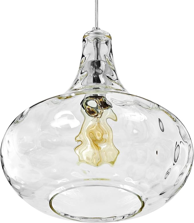 Farmhouse Vintage Glass Pendant Light with Handblown Hammered Shade - Adjustable Hanging Cord for Kitchen Island, Dining Room, Hallway - 11 Inch Chrome Ceiling Fixture
