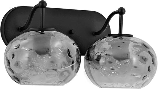 Matte Black Vanity Light Smoked Grey Hammered Glass Wall Sconce 2-Light Modern Mid-Century Wall Lamp for Hallway Living Room Stairwell Bathroom Over Mirror