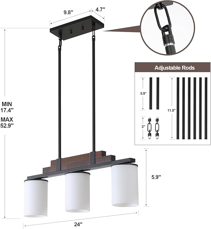 Farmhouse Wood Kitchen Island Lighting, 3-Light Adjustable Chandelier for Dining Room, Milk Glass Shade Dining Room Light Fixture Over Table, Black Hanging Pendant Lights for Kitchen, Pool Table