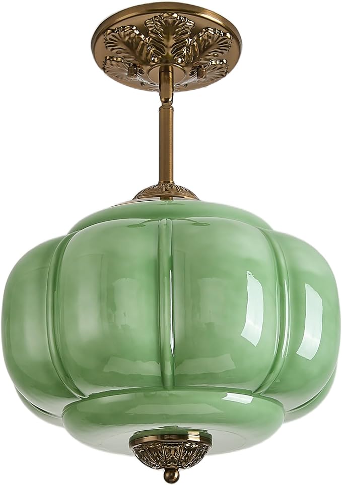 Green Milk Glass Ceiling Light Fixture, 12" Semi Flush Mount Pendant Light with Antique Brass Finish, Schoolhouse Light Fixture - Antique Chandelier for Kitchen, Hallway, Dining Room