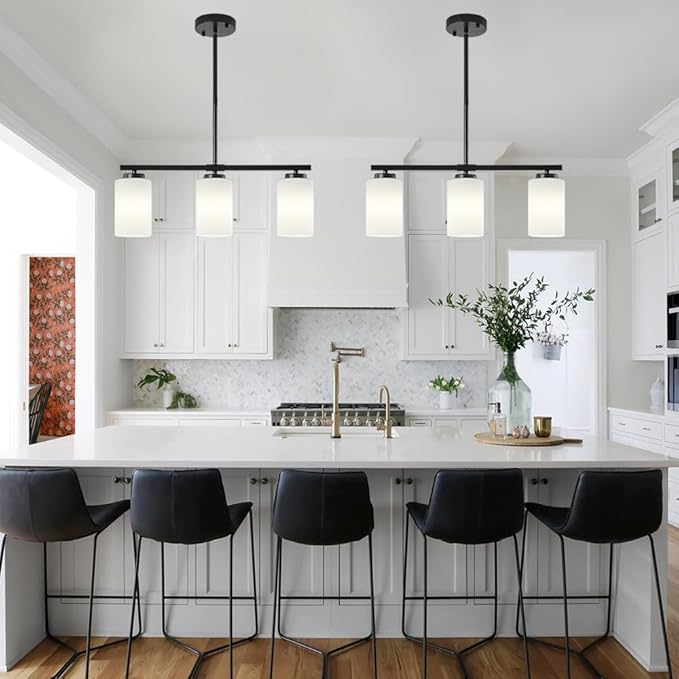3-Light Modern Island Lights for Kitchen, Black Dining Room Light Fixtures Farmhouse Linear Chandeliers Over Table, White Frosted Glass Adjustable Hanging Light Kitchen Pendant Lighting Over Island