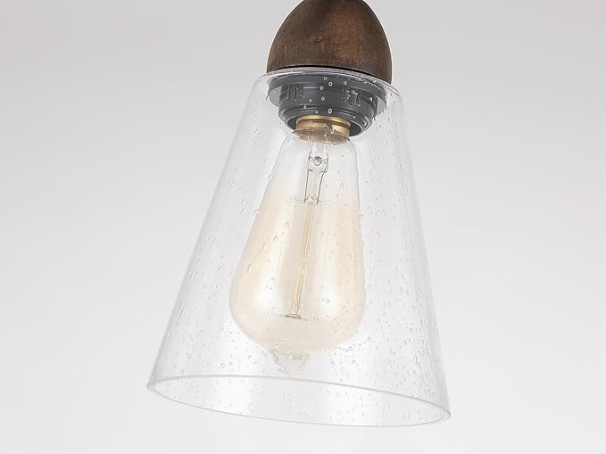 2-Light Rustic Farmhouse Glass Track Flush Mount Ceiling Light Fixture Mini Clear Seeded Glass Shade and Oak Wood Semi Flush Mount Ceiling Light for Kitchen Bedroom Hallway Entryway Sink