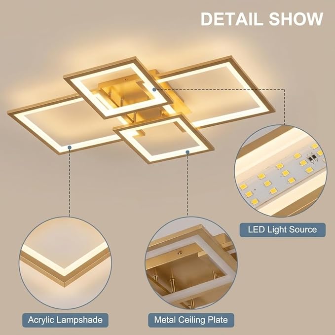 Modern LED Ceiling Light, Square LED Flush Mount Ceiling Light, Dimmable Kitchen Light Fixtures with Remote&APP, Close to Ceiling Lighting Fixture for Dining Room Kitchen Living Room Bedroom(Gold)