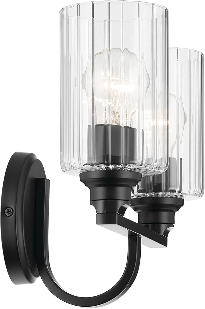 Kichler Gioe 14.25" 2-Light Bathroom Vanity Light Fixture with Clear Fluted Glass in Black, Damp Rated for Powder Room Over Mirror (14.25" W x 10.5" H), 55225BKFLU