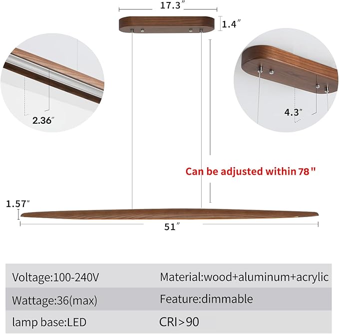 YISDESIGN 51" Wood Linear Pendant Light Wood Dining Room Light Fixture Modern Pool Table Lights Kitchen Island Lights for Dining Room Bar Kitchen Island Walnut Color