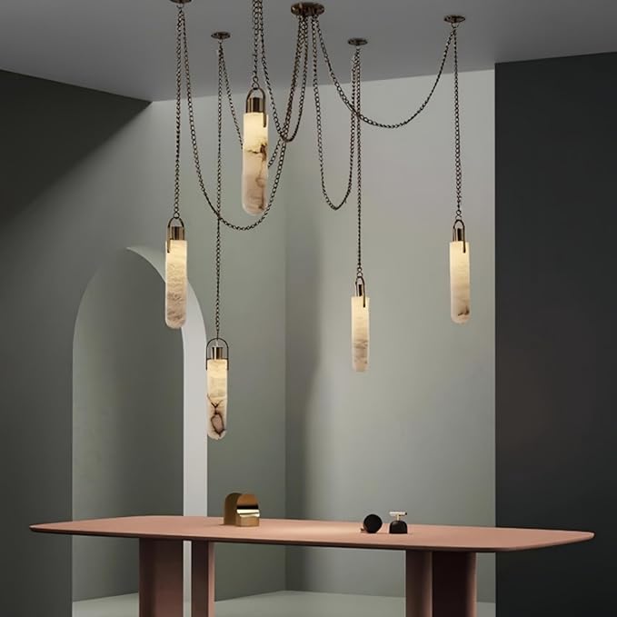 RUIBO Alabaster 9 Light LED Multi-Drop Hanging Pendant Lighting,Cylinder Natural Marble Multi Light Pendant Lights,Living Dining Room Loft Bedroom Modern LED Hanging Lamps(E14)