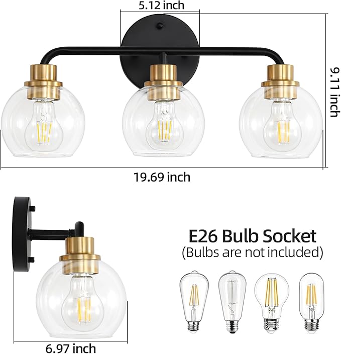 3 Light Bathroom Vanity Light, Black and Gold Bathroom Light Fixtures with Clear Glass Shade Modern Wall Sconces Lighting Bath Wall Lights Lamp for Mirror Kitchen Living Room Bedroom Hallway Cabinet