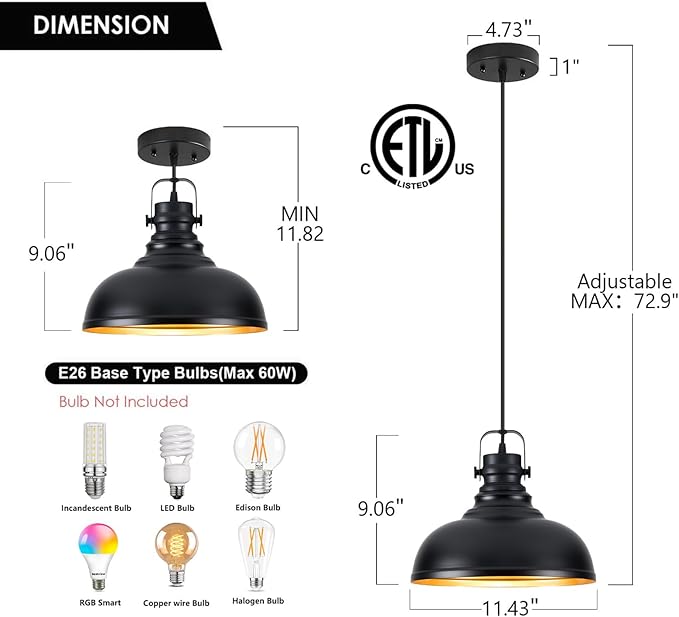 Refice 3 Pack Farmhouse Pendant Lights Black Pendant Lighting for Kitchen Island Adjustable Height Dome Hanging Lights for Barn, Dining Room