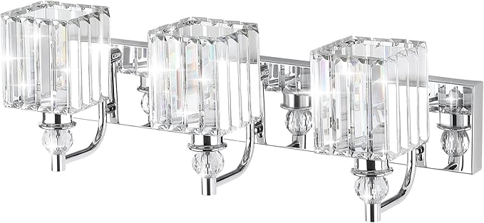 Ralbay Modern Crystal Vanity Light 3 Light 24''Bathroom Lights Fixtures Over Mirror Chrome Vanity Light for Bathroom Wall Lighting