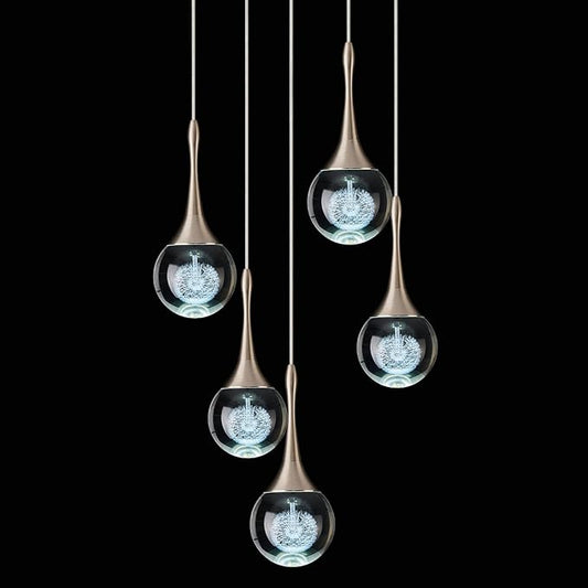 5 Lights Crystal Pendant Light, Brushed Nickel 25W Dimmable LED Teardrop Cluster Pendant Lighting Fixture for Dining Room Over Kitchen Island Bathroom Room Foyer Hallway Bedroom 6000k Cold White