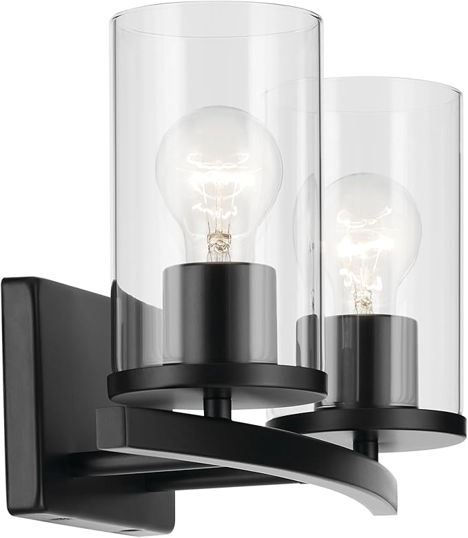 Kichler Crosby 15.25" 2-Light Bathroom Vanity Light Fixture with Clear Glass in Black for Powder Room, Modern Wall Mount Over Mirror (15.25" x 8.75"), 45496BKCLR