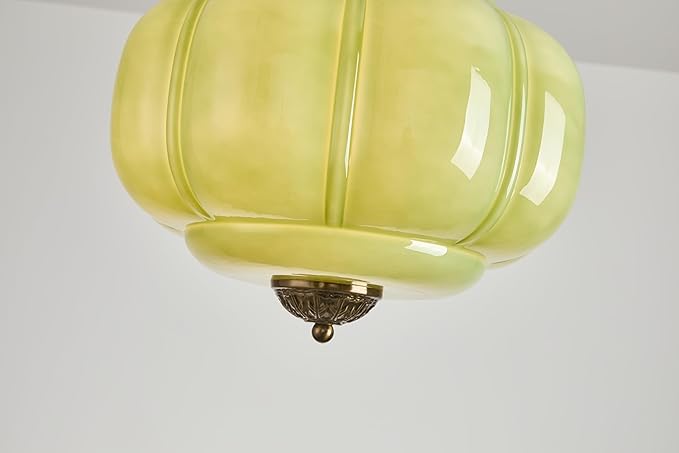 Green Milk Glass Ceiling Light Fixture, 12" Semi Flush Mount Pendant Light with Antique Brass Finish, Schoolhouse Light Fixture - Antique Chandelier for Kitchen, Hallway, Dining Room