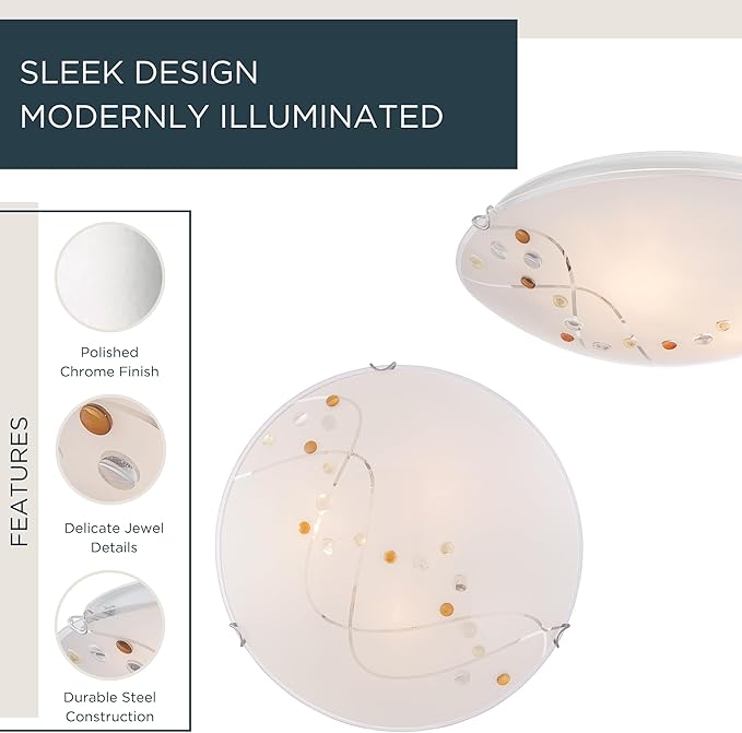 Quoizel Stellar 16" 3-Light Round Flush Mount, Polished Chrome, Frosted Glass with Amber & Clear Jewels, Dimmable