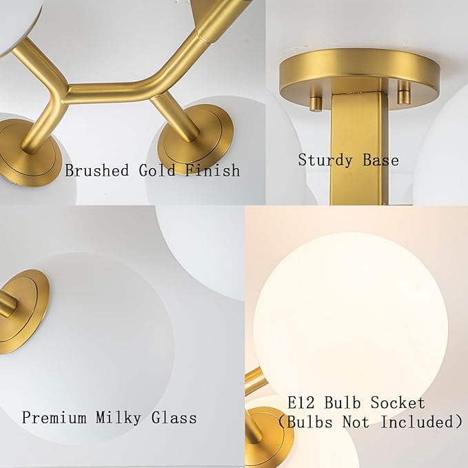 EDISLIVE 6-Light Semi Flush Mount Glass Ceiling Light Milk Globe, 27 in Antique Gold Milk White Glass Sputnik Chandelier MSM Frosted Glass Shade for Bedroom Livingroom Kitchen E12 Bulb