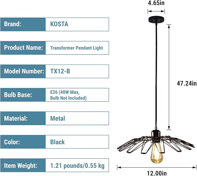 KOSTA Pendant Light Fixtures, Adjustable Hanging Ceiling Lamp with Metal Cage Lamp Shade Covers Decorative, Vintage Retro Industrial Style for Kitchen, Cafe, 12 Inch, E26, Bulb Not Included