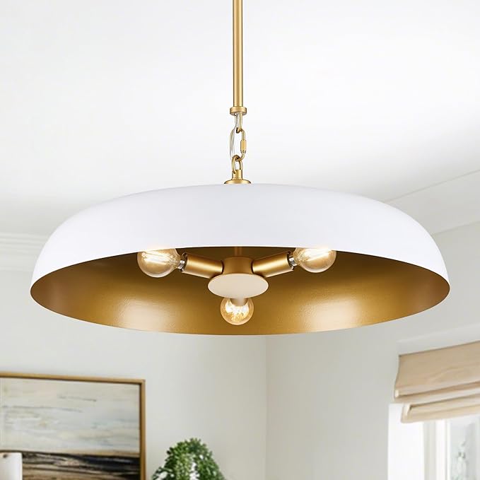 Large Pendant Light 20in White and Gold Dome Pendant Lights 3 Light Socket Pendant Light Fixture with Adjustable Pendant Lighting for Kitchen Island Dining Room Kitchen Sink, E12