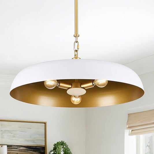 Large Pendant Light 20in White and Gold Dome Pendant Lights 3 Light Socket Pendant Light Fixture with Adjustable Pendant Lighting for Kitchen Island Dining Room Kitchen Sink, E12