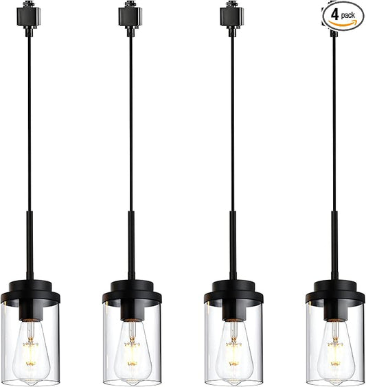 MELUCEE 4 Pack H-Type Track Lighting Pendants Black Ceiling Track Hanging Light Fixtures with Clear Glass Shades, Compatible with H Type Track Lighting Rail, E26 Socket
