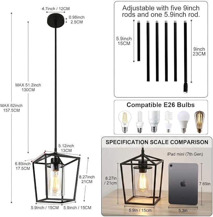 2 Pack 1-Light Black Pendant Lights for Kitchen Island, Farmhouse Metal Pendant Light Iron Cage Hanging Light Fixtures with Clear Glass Shade for Dining Room, Entryway, Hallway, Foyer