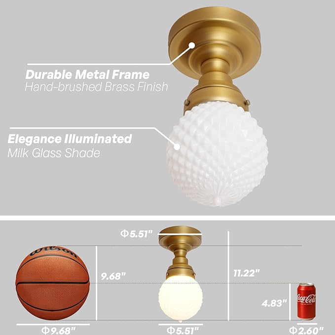 Modern Schoolhouse Semi Flush Mount Ceiling Light, Brass Gold Close to Ceiling Light Fixtures with Globe Milky White Glass Hallway Ceiling Lamp for Laundry Entryway Kitchen Bathroom E26