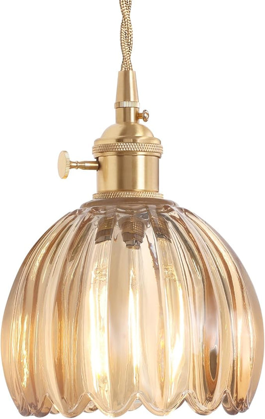 Shenmoyl Pendant Light with Amber Tulip Glass Lmapshade, Brass Vintage Pendant Light Adjustable Hanging Light for Kitchen Island Dining Room Hallway