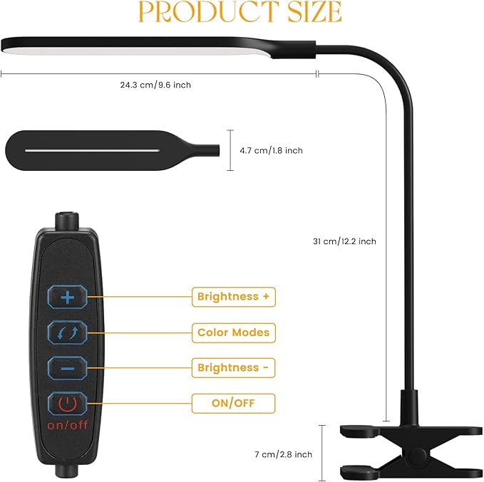 LED Clip on Light, 3 Color Modes & 10 Brightness Levels, 360° Flexible Gooseneck Clamp Lamp, Ultra Wide Brightness Range, USB Eye-Caring Table Light for Home Office/Reading/Painting, Black