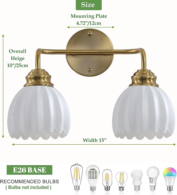 2 Light Vintage Bathroom Light Fixtures, Gold Bathroom Vanity Light, Brass Finish with White Tulip Glass Shade, Wall Lighting for Bedroom, Living Room, Hallway,E26 Base
