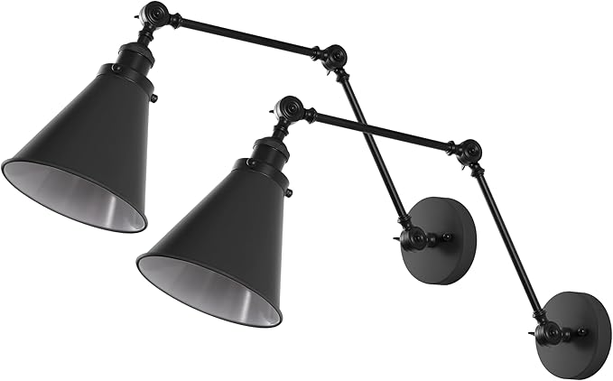 JONATHAN Y 7" Black Classic Industrial Metal Adjustable Arm LED Wall Sconce for Bedside Reading, Farmhouse Swing Arm Wall Lamp with Metal Shade, Hardwired (JYL7462E-SET2)