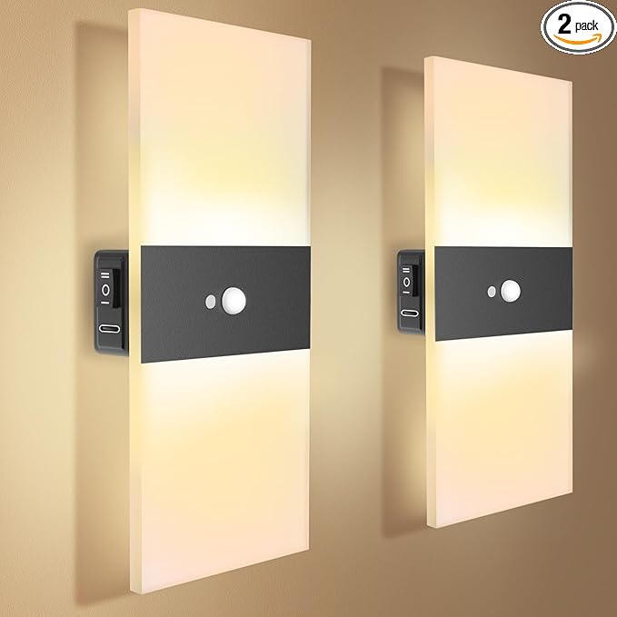 LED Wall Sconces Set of Two | Wall Lamps with 2000mAh Battery Operated,Rechargeable,Sensing Mode and Constant Light Mode,Acrylic Wall Sconce,Warm White,3000K,Cordless Wall Light (2Pcs)