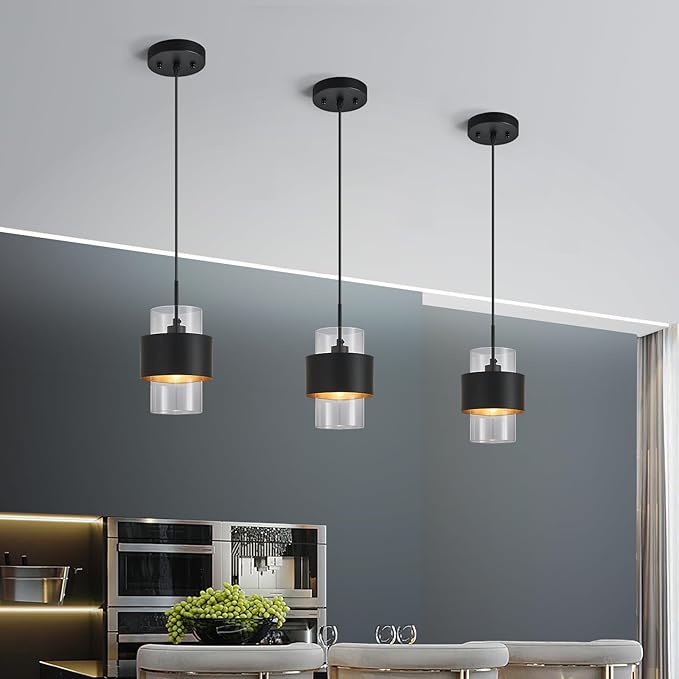 Modern Black Pendant Lighting Indoor Kitchen Island Pendant Light Glass Shade Ceiling Light Fixtures for Bedroom Dining Room Living Room(3-Pack)