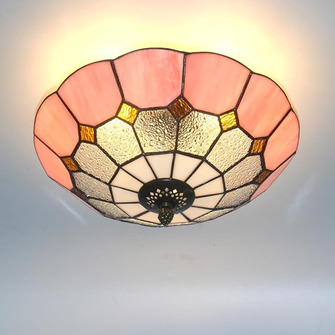 12 Inch Tiffany Style Vintage Stained Glass Ceiling Light Flush Mount Ceiling Light Pendent Chandelier Lighing Fixtures (12 Inch Pink)