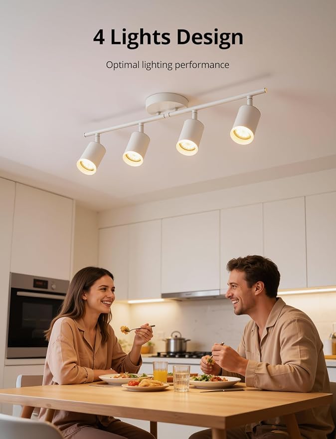 Bojim Track Lighting Fixtures Ceiling Mount for Kitchen, White 4 Way LED Spot Lights Indoor, Flexible Modern Track Light GU10 Socket for Studio, Bulbs Not Included