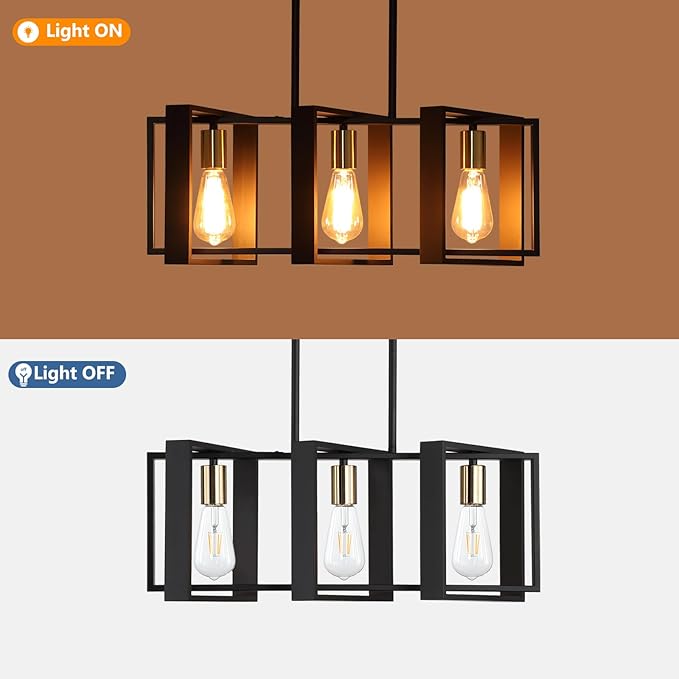 23.6" Island Lighting,3 Lights Dining Room Chandelier, Linear Kitchen Island Lighting for Pool Table Living Room, Foyer Hallway,E26, Black Wood Frame