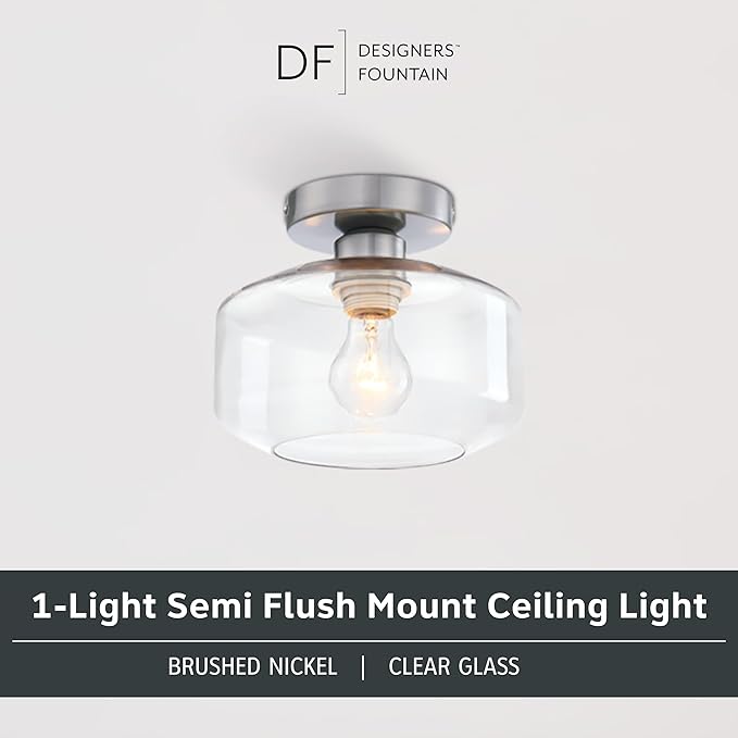 Designers Fountain Semi Flush Mount Ceiling Light, 8.75 Inch Clear Glass Lighting Fixture for Kitchen, Bedroom, Bathroom, and Hallway, Brushed Nickel, D335M-SF-BN