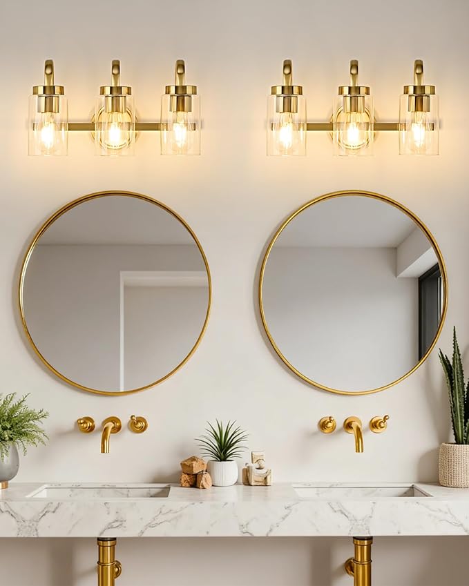 3 Light Bathroom Vanity Light, Gold Vanity Lights for Bathroom, Modern Light Fixtures Over Mirror with Clear Glass Shade, Wall Sconce Lighting for Bedroom Living Room Hallway