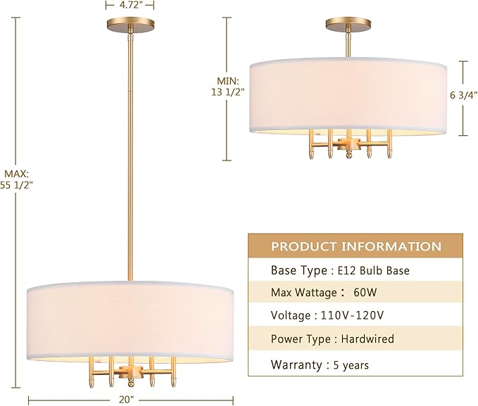 Untrammelife Drum Pendant Chandelier 4-Lights Gold Chandelier 20" Ceiling Hanging Light Fixture with White Shade, for Dining Room Living Room Bedroom Kitchen Island