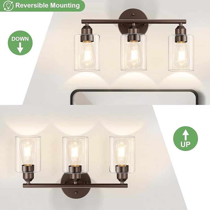 3-Light Bathroom Vanity Light Fixture, Modern Wall Lamp for Mirror with Clear Glass Shade (D-Clear Glass & Brown)
